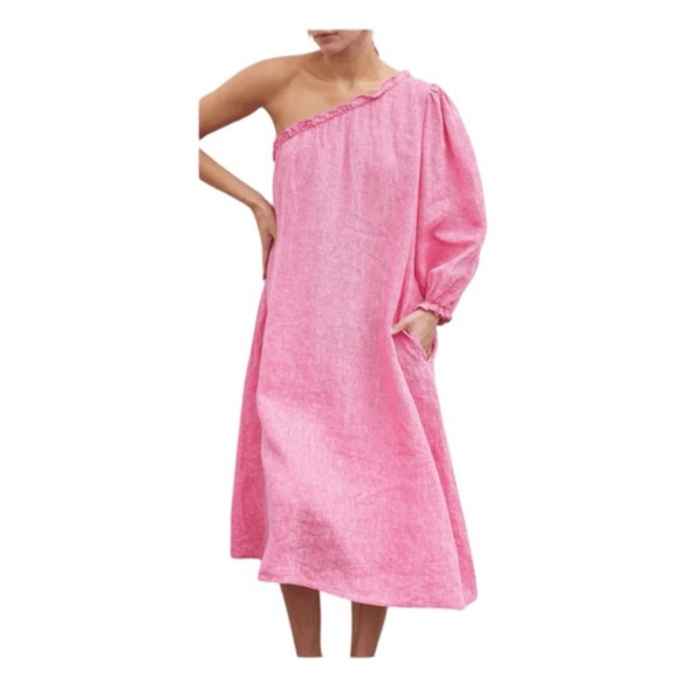 Lake Milly Linen One Shoulder Midi Dress Zinnia Pink XL - Picture 3 of 8